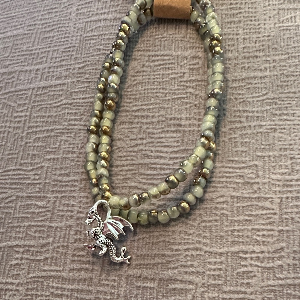 Silver Dragon Charm Beaded Bracelet Set